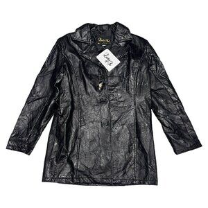 Vintage Retro GENUINE LEATHER Luxury Designer Cross Stitch Jacket Coat Womens L